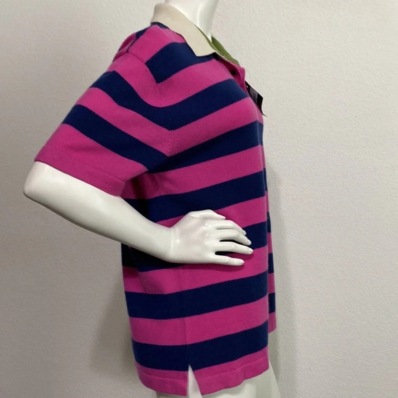 Bacca Da Silva NEW Cashmere Polo Shirt Striped Large Chest Logo Pink/Navy Size M - Picture 6 of 9